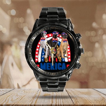 Discover Dog Great Dane Lover Rainbow Leopard Merica Flag 4th of July Calendar Steel Band Watch