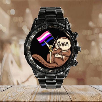 Discover Otters Sea Otter With Genderfluid Pride Flag Zip Calendar Steel Band Watch