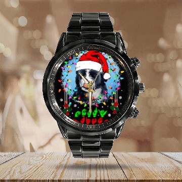 Discover Merry Christmas Hands Sign Language Santa Bernedoodle Lover129 Calendar Steel Band Watch