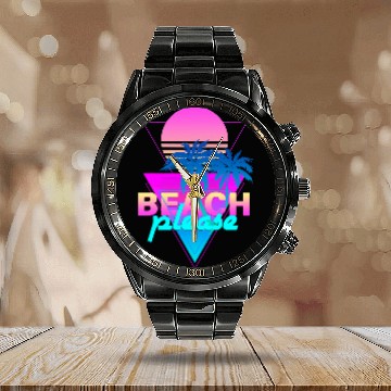 Discover Beach Please Vaporwave Retro Palm Tree Sunset Synthwave Baseball Tees Calendar Steel Band Watch