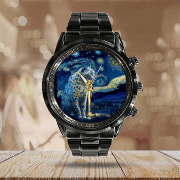 Discover Leopard Gift Surrealism Starry Night Snow Leopard 69 Calendar Steel Band Watch