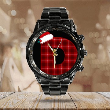Discover Christmas Plaid Initial Letter D Monogram Santa Hat Graphic Baseball Tees Calendar Steel Band Watch
