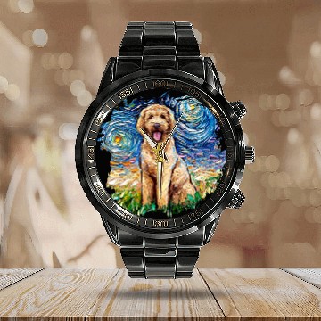 Discover Goldendoodle Starry Night Cute Doodle Dog Art by Aja Calendar Steel Band Watch