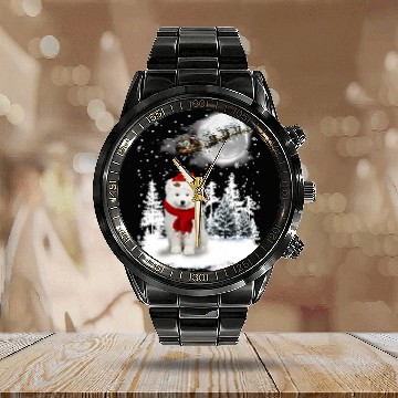 Discover Dog Samoyed Under Moonlight Snow Christmas Pajama 13 Calendar Steel Band Watch