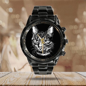 Discover Cat face drawing style Calendar Steel Band Watch