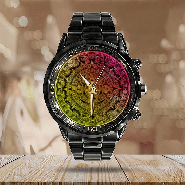 Discover Aztec Calendar Mexican Native Mayas Mayans Art 3 Zip Calendar Steel Band Watch