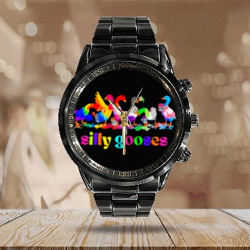 Discover Funny Silly gooses colorful goose painting Calendar Steel Band Watch