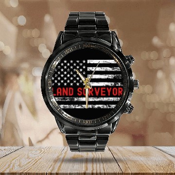Discover Land Surveyor USA Flag Profession Retro Job Title Calendar Steel Band Watch