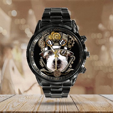 Discover Dog Jack Russell Terrier Dog Medieval Victorian Steampunk Calendar Steel Band Watch