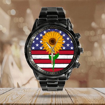 Discover Sunflower Distressed flag circle Calendar Steel Band Watch