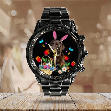 Discover Labrador Lab Dog Chocolate Labrador Bunny Dog With Easter Eggs Basket Spring Calendar Steel Band Watch