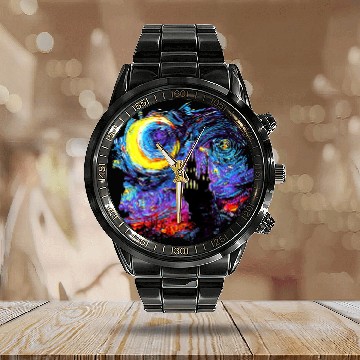 Discover Haunted House with Moon and border Starry Night Art by Aja Baseball Tees Calendar Steel Band Watch