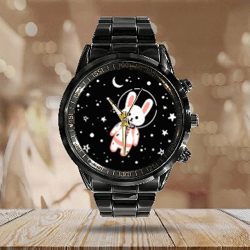 Discover Rabbits Bunny Astronaut Rabbit Kids Cute Planet Solar System Bunny Zip Calendar Steel Band Watch