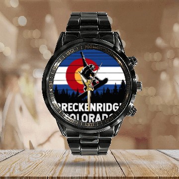 Discover Skiing Ski Breckenridge CO Mountain Town Snowboarding Calendar Steel Band Watch