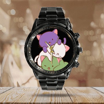 Discover Gender Queer Pride Flag Kawaii Cat Graphic Calendar Steel Band Watch