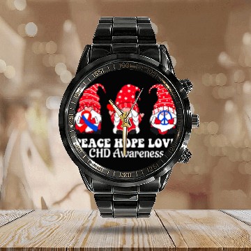 Discover Peace Hope Love CHD Awareness Month Gnome Red Blue Ribbon Calendar Steel Band Watch