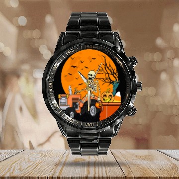 Discover Tractor driving Skeletons Riding Tractor Funny Halloween 2 Calendar Steel Band Watch