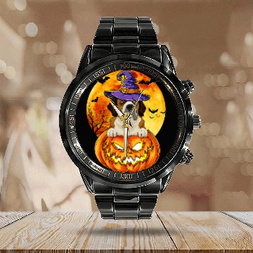 Discover St Bernard Witch Pumpkin Halloween Dog Lover Funny Calendar Steel Band Watch