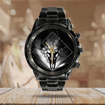 Discover Boho Cow Skull Flowers Diamond White and Grey Splatter Baseball Tees Calendar Steel Band Watch