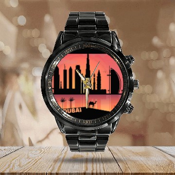 Discover Cool Dubai UAE Cityscape Camel Graphic Art Illustration Calendar Steel Band Watch