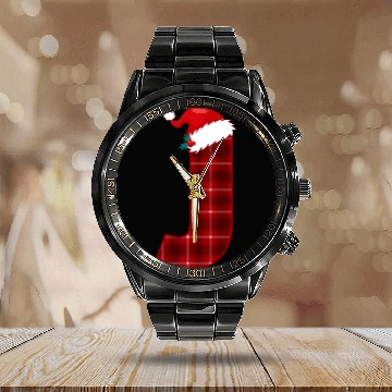 Discover Christmas Plaid Initial Letter J Monogram Santa Hat Graphic Calendar Steel Band Watch