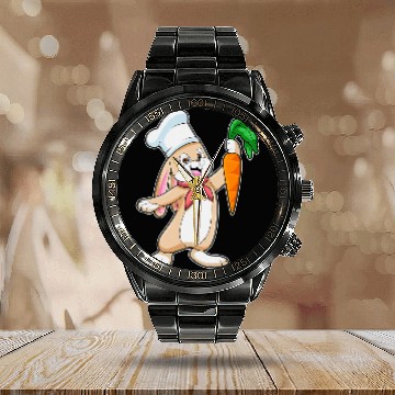 Discover Rabbits Cook Chef hat Carrot Calendar Steel Band Watch