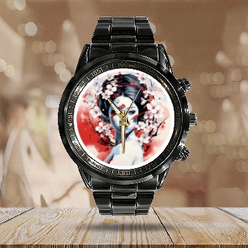Discover Eternal Geisha Fusion Cherry Blossoms Art Calendar Steel Band Watch