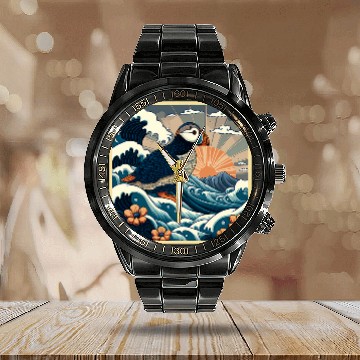 Discover Surrealism Japanese Painting Puffin Calendar Steel Band Watch