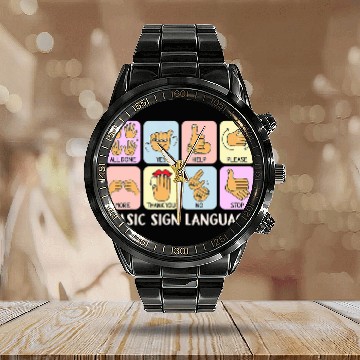 Discover Basic Sign Language Speech Therapist SLP Pathologist Outfit Calendar Steel Band Watch