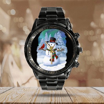 Discover Christmas Snowman Cardinal Bird Chickadees Winter Snow Scene Calendar Steel Band Watch