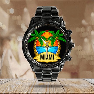 Discover Miami Florida in an Illustration with Beach Palms and Sun Baseball Tees Calendar Steel Band Watch