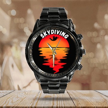 Discover Skydiving Gift vintages Sunset Skydiver Parachuting Parachutist Calendar Steel Band Watch