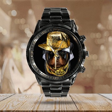 Discover Dog Rottweiler wearing Hip Hop Rapper Cap Calendar Steel Band Watch