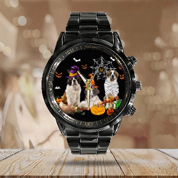 Discover Three St Bernard Dogs Witch Halloween Mummy Scary Pumpkins 2 Calendar Steel Band Watch