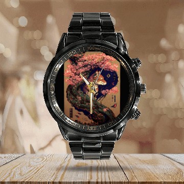 Discover vintages Cherry Blossom Japanese Fox Scroll Graphical Art Baseball Tees Calendar Steel Band Watch