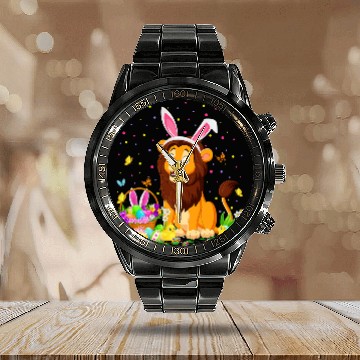 Discover Lion Gift Easter Lion Bunny Egg Hunting Lion Easter Sunday Calendar Steel Band Watch