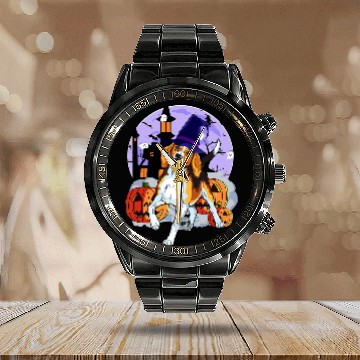 Discover Funny Foxhound Dog Halloween Witch Pumpkin Calendar Steel Band Watch