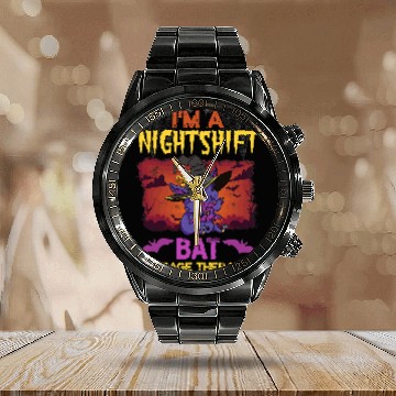 Discover Funny Holloween Im A Nightshift Bat Massage Therapist Puns Calendar Steel Band Watch