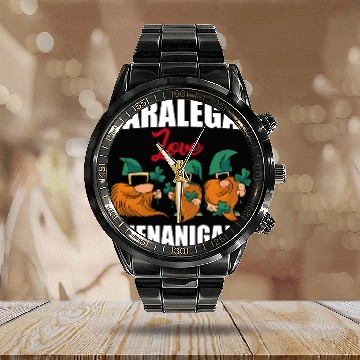 Discover Paralegal Love Shenanigans Funny St Patricks Day Gnomes Calendar Steel Band Watch