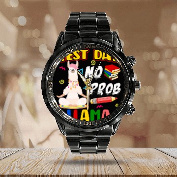 Discover llama test day no probllama teacher student Calendar Steel Band Watch