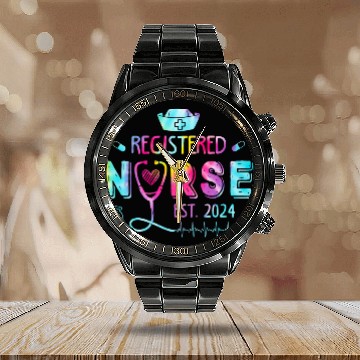 Discover Registered nurses Est 2024 Nursing Student RN Graduate Tiedye Calendar Steel Band Watch