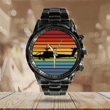Discover Retro Helicopter Avitation Pilot Heli Aviator Black Hawk Calendar Steel Band Watch
