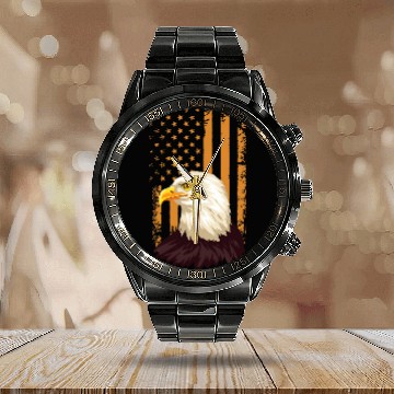 Discover Eagle Flag Orange Bald Eagle American Patriotic Calendar Steel Band Watch