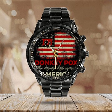 Discover donkey pox  us flag  disease destroying america flag Baseball Tees Calendar Steel Band Watch