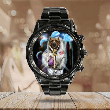 Discover Pit Bull Terrier Dog as Astronaut Explore Space and Galaxy 3 Zip Calendar Steel Band Watch