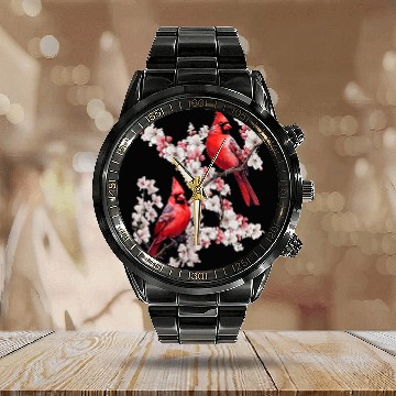 Discover Beautiful Red Cardinal Birds Winter Scene Christmas Pajama Baseball Tees Calendar Steel Band Watch