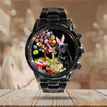 Discover Pug Lover BLACK Pug Easter Egg Tree Dogs Bunny Easters Day Pugs Dog Zip Calendar Steel Band Watch