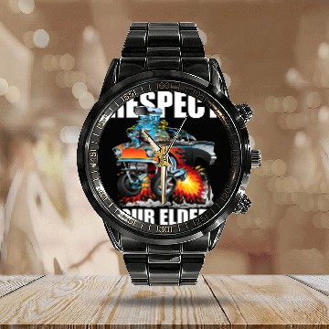 Discover Funny Respect Your Elders Classic Hotrod Muscle Car Cartoon Baseball Tees Calendar Steel Band Watch