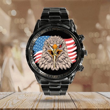 Discover Bald Eagle In Front Of A American Flag Baseball Tees Calendar Steel Band Watch