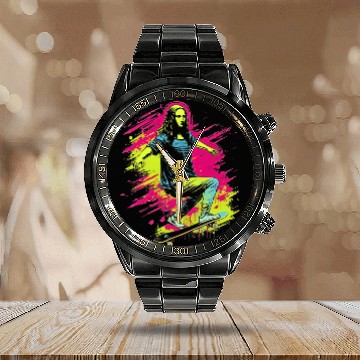Discover Funny Mona Lisa Skateboarding Cool Retro Y2K EDM 6 Calendar Steel Band Watch